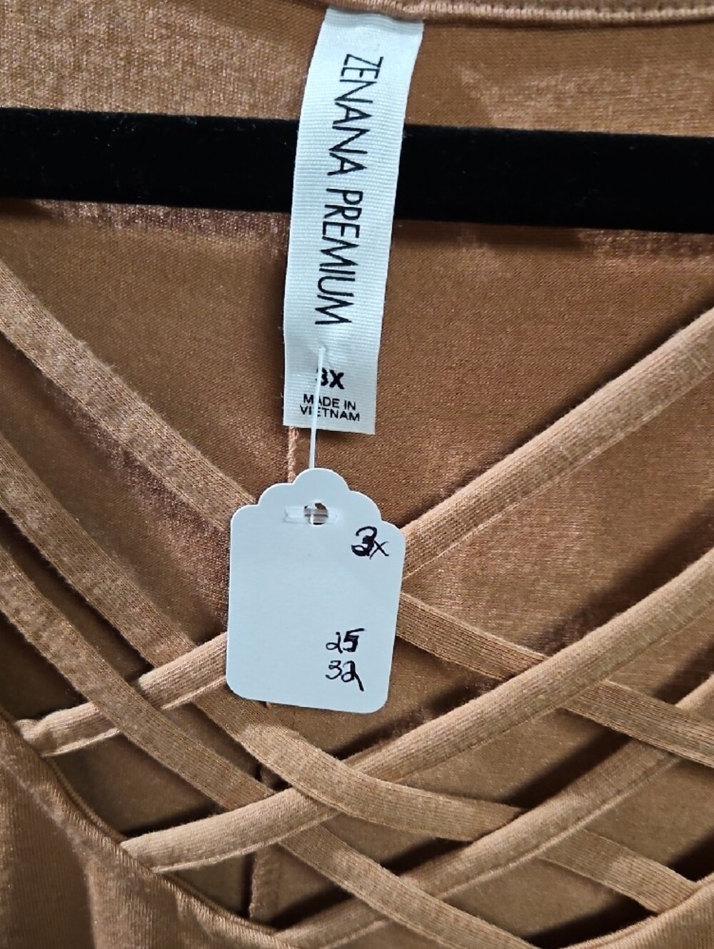 Zenana Outfitters Tan Crisscross V-Neck Short Sleeve Tee - Picture 2 of 3